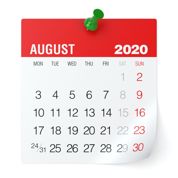 2020年8月-日历。孤立在白色背景。3D插图图片下载