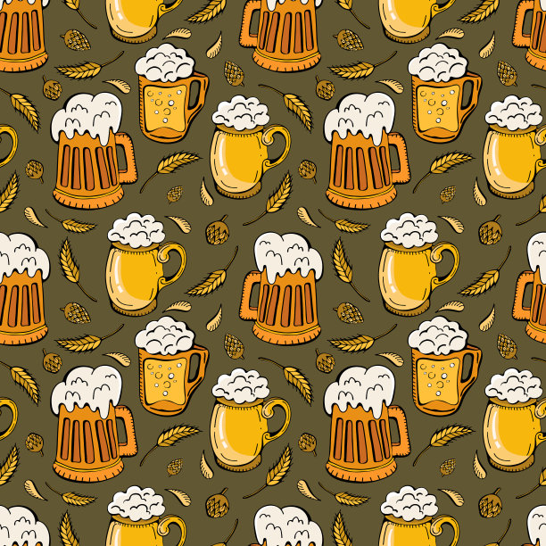 啤酒图标，麦穗，啤酒花无缝背景。慕尼黑啤酒节卡通可爱涂鸦手绘。色彩丰富的细节，有很多背景对象。无尽有趣的矢量插图。图片下载