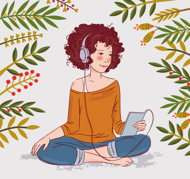 年轻女孩戴着耳机听音乐图片下载