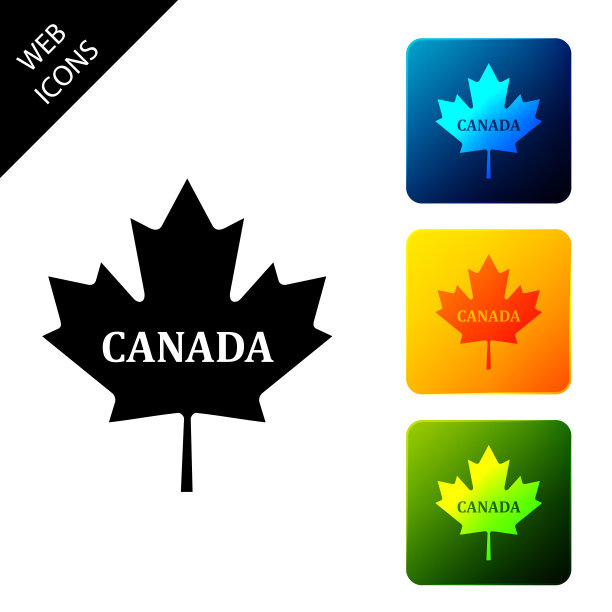 加拿大枫叶与城市名称加拿大图标孤立在白色背景。设置图标彩色的方形按钮。矢量图图片下载