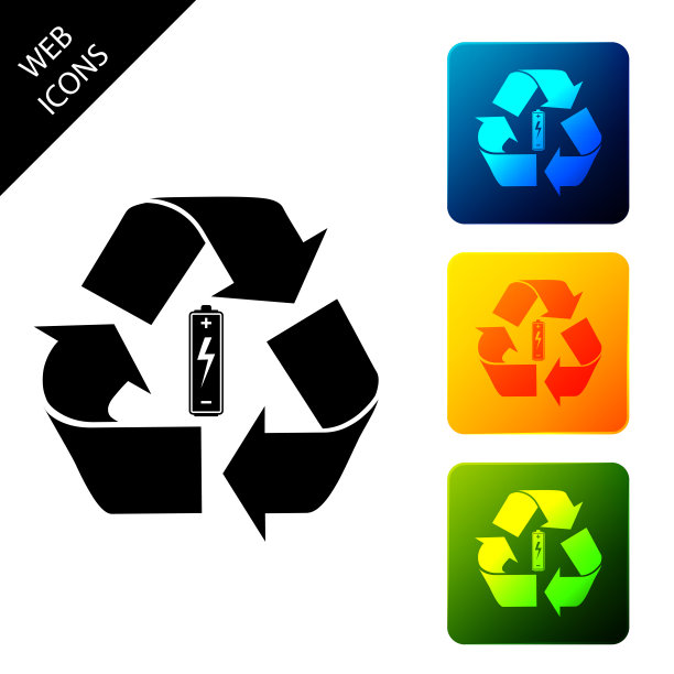 电池与回收符号图标隔离在白色背景。电池具有回收标志-可再生能源概念。设置图标彩色的方形按钮。矢量图图片下载