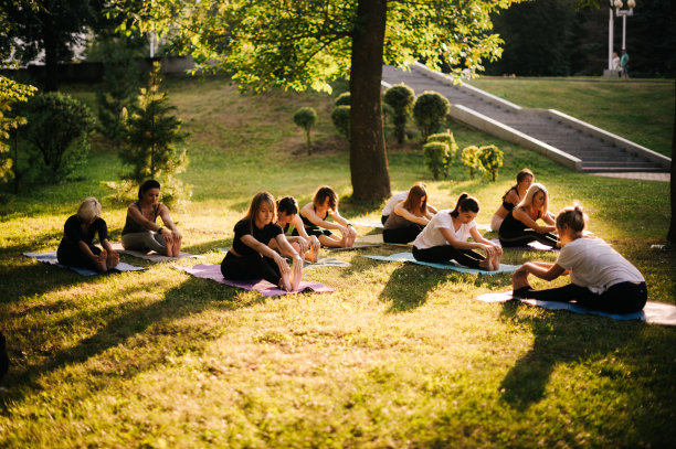 在夏日阳光明媚的早晨，一群妇女在公园里伸展肌肉图片下载