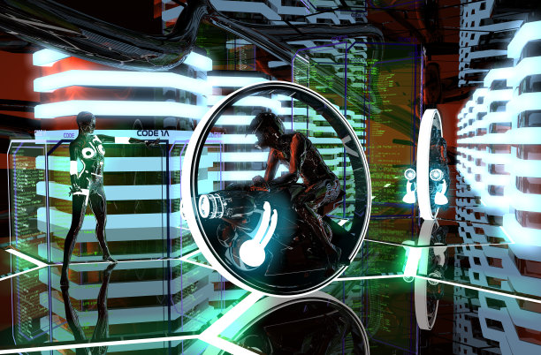 未来小镇街道上的圆形摩托车图片下载