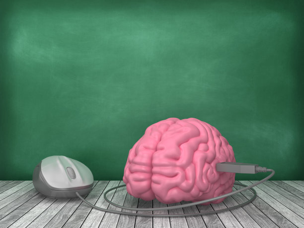 人脑与电脑鼠标在黑板上的背景- 3D渲染图片下载