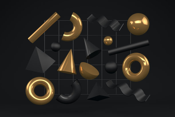 黑色背景上的三维抽象飞行几何形状图片下载