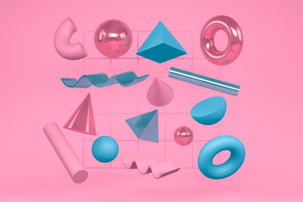 粉红色背景上的三维抽象飞行几何形状图片下载