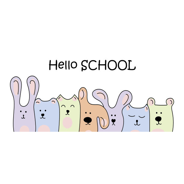 铭文你好学校。手绘可爱的小动物在涂鸦风格，熊，猫，兔子，狗图片下载