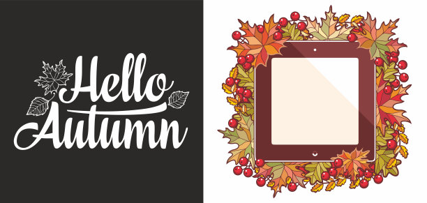 你好秋字母短语文字。秋叶与花楸、枫树、桦树和橡树相框。秋天的引用。秋天叶子的设计。叶面森林叶向量。红色，绿色，棕色和黄色的落叶图片下载