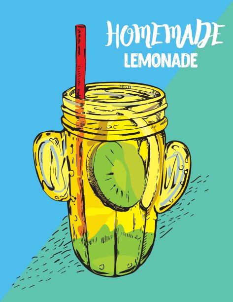 手绘自制柠檬水。柠檬，水，猕猴桃，糖，吸管和冰。咖啡馆和餐厅菜单。玻璃罐柠檬水，夏日新鲜冷饮速写。矢量插图。图片下载