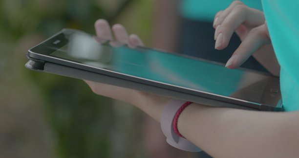 利用农业技术在田间工作的科学家。女人的手在麦秸中触摸平板电脑的特写。研究小麦穗的农学家。图片下载