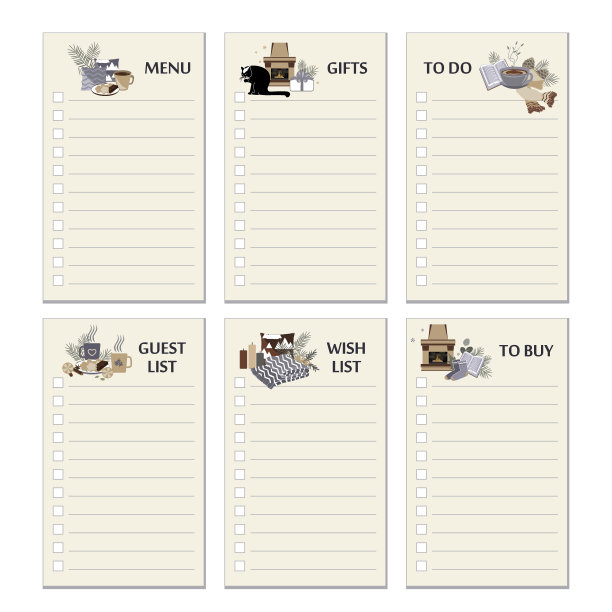 矢量集新年和圣诞节假期做清单与冬季hygge元素。可打印清单。冬季聚会组织、贺卡、请柬、礼品装饰、文具图片下载