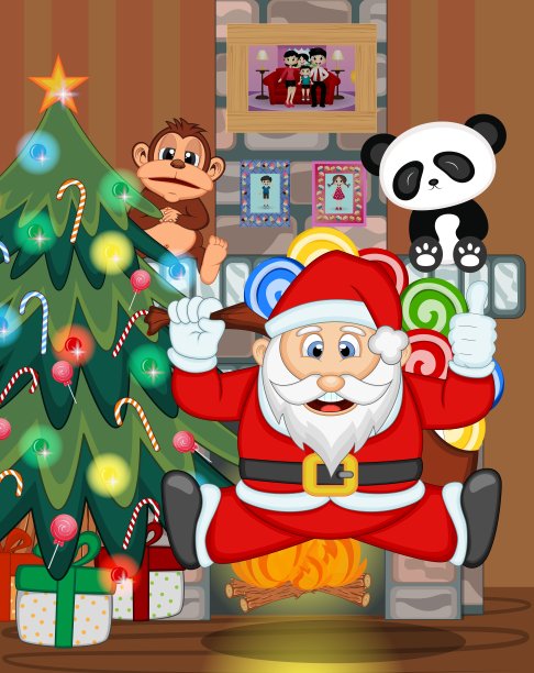 圣诞老人与圣诞树和火的地方矢量插图图片下载