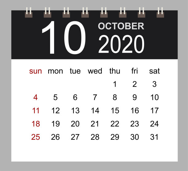 2020年10月的商业日历。笔记本隔离页。图片下载