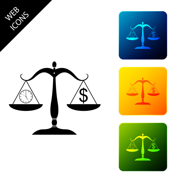 天平称重金钱和时间图标在白色背景。数小时的天平和一枚硬币。平衡工作和既定时间。经营理念。设置图标彩色方形按钮。矢量图图片下载