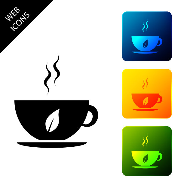 茶杯的茶和叶子的图标孤立在白色的背景。设置图标彩色的方形按钮。矢量图图片下载