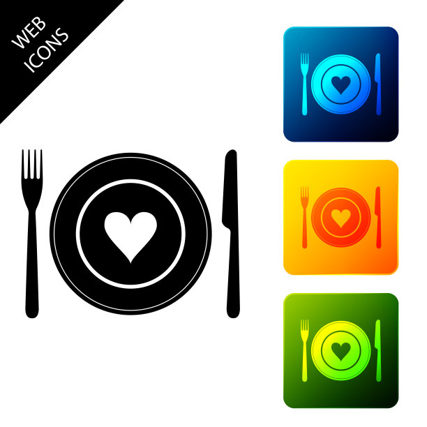盘子上的心，叉子和刀的图标孤立在白色背景上。情人节快乐。设置图标彩色的方形按钮。矢量图图片下载