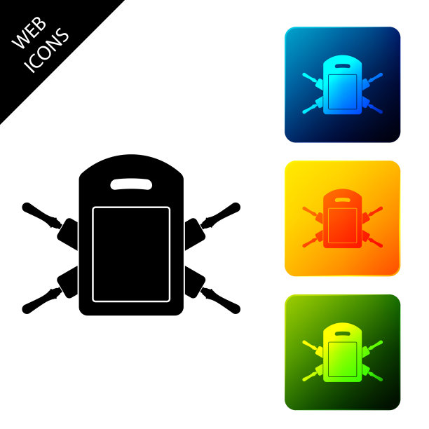 切割板和滚动大头针图标孤立在白色背景。厨房用具和设备。设置图标彩色的方形按钮。矢量图图片下载