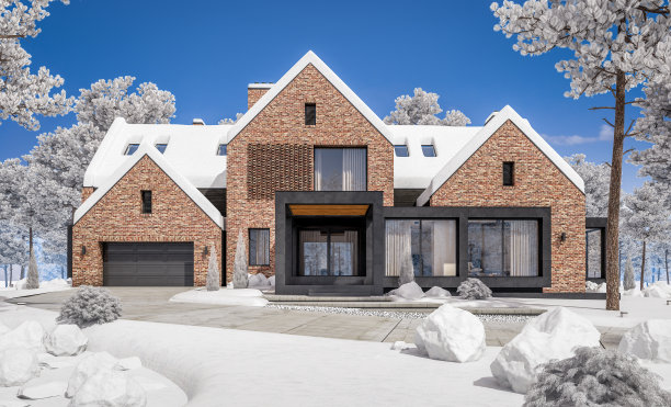 冬季有水池的现代熟料房三维效果图图片下载