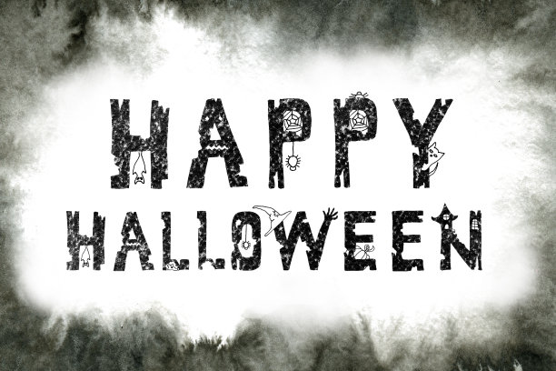 刻字万圣节快乐。带有节日标志的黑色撕成锯齿状的字母——蜘蛛网，蜘蛛，甚至是猫，南瓜，城堡，女巫帽，老鼠。手插图的设计横幅，模板，明信片，海报，公告图片下载