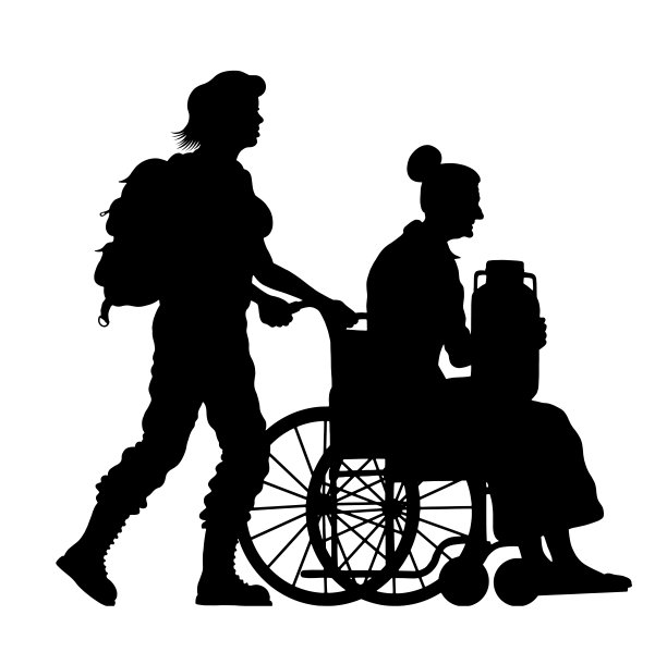 坐在轮椅上的移民老妇和女儿的剪影图片下载