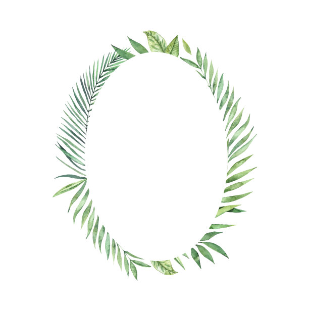 手绘水彩插图。植物婚礼标签与绿色的枝叶。热带夏季。印花设计模板。完美的邀请，贺卡，印刷品，海报，包装图片下载