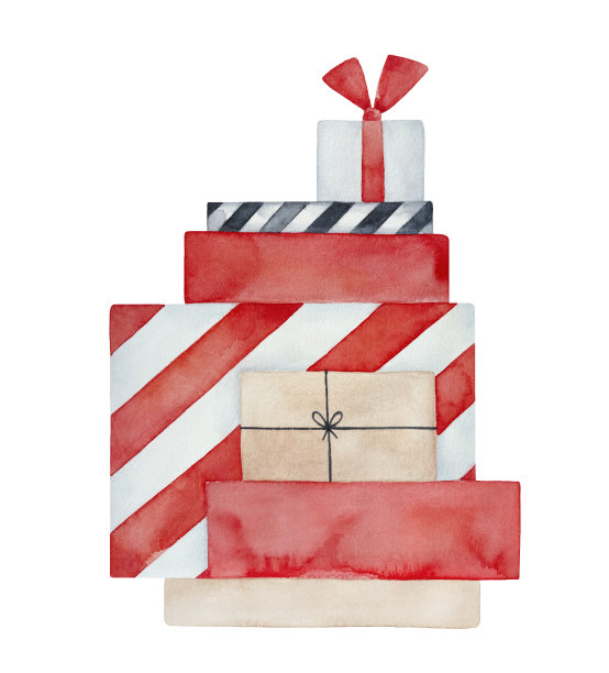 水彩插图的明亮堆栈的各种礼物。手绘水彩艺术绘画，裁剪剪贴艺术元素设计装饰，印刷，贺卡，横幅，节日背景。图片下载