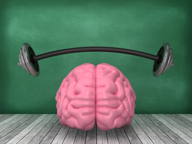 人类大脑与杠铃黑板背景- 3D渲染图片下载