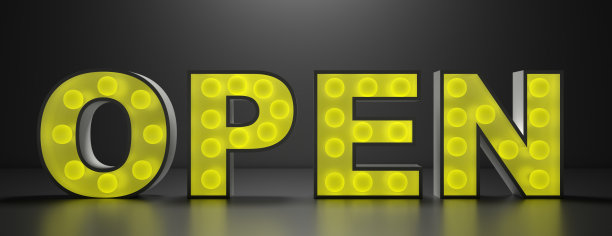 开放标志黄色霓虹灯在黑色背景下发光。三维演示图片下载