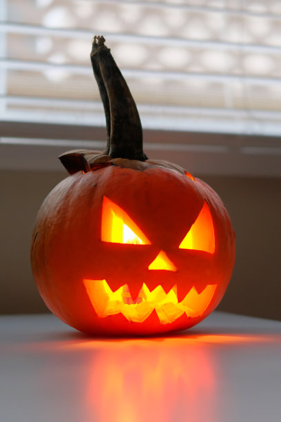 万圣节的庆祝标志，南瓜在厨房的桌子上发光图片下载