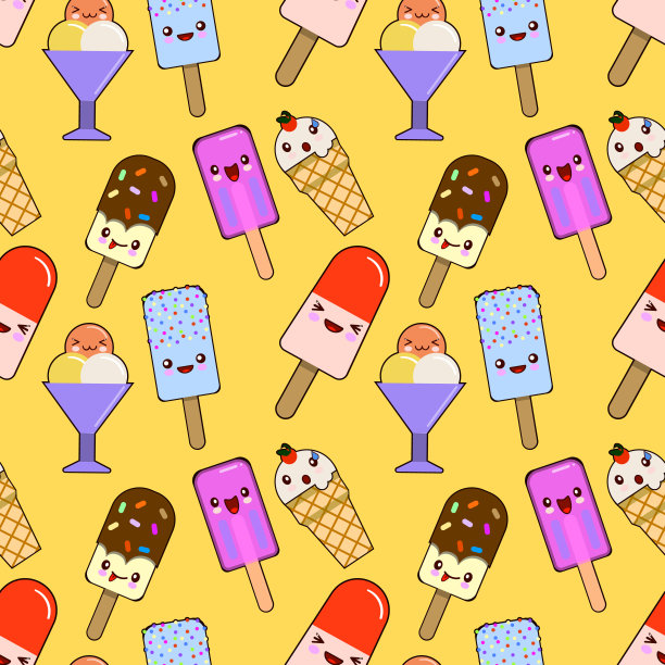 无缝图案与卡哇伊冰淇淋甜筒在黄色背景孤立的插图图片下载