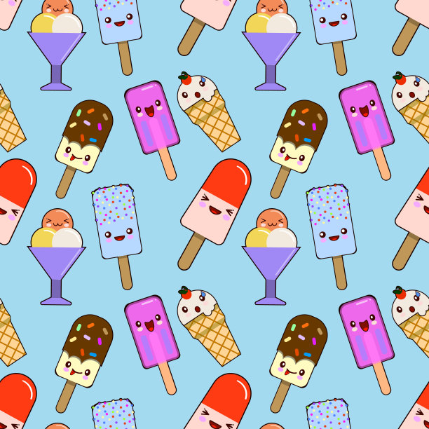 无缝图案的冰淇淋，冰棍卡哇伊粉红色的脸颊和闪烁的眼睛，柔和的颜色孤立在蓝色背景。插图图片下载