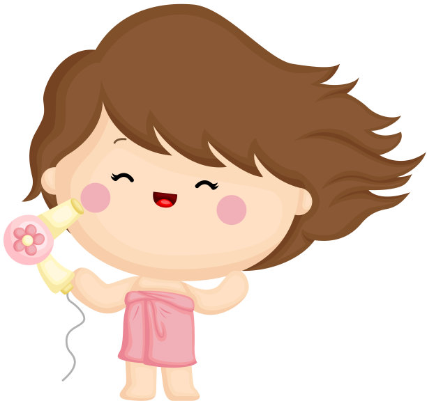 一个可爱的小女孩用吹风机吹干她的头发图片下载