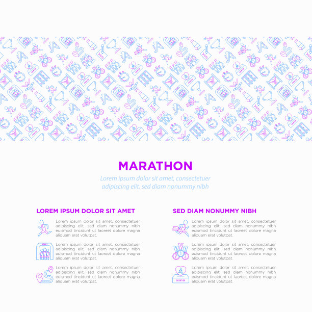 细线图标马拉松概念:跑步者，起点，终点，跑鞋，瓶装水，路线，奖品，更衣室，记忆照片，捐赠，粉丝区。矢量插图，打印媒体模板。图片下载