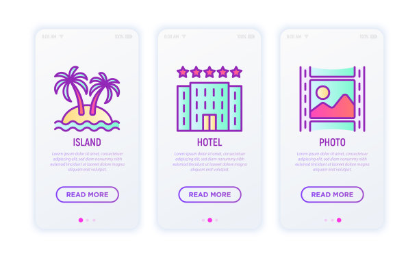 假日细线图标集:酒店，海滩伞，岛屿，照片。现代向量插图。图片下载