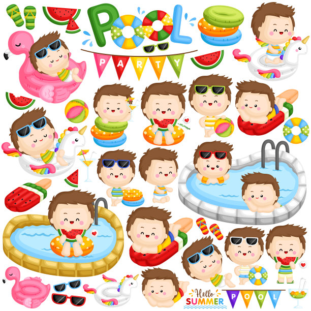 一个可爱的小男孩放松在可爱的浮上和有乐趣在泳池派对的矢量图片下载