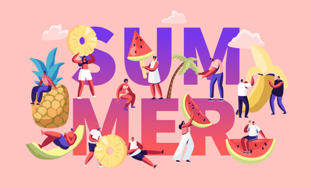 夏季的概念。穿着泳衣的小角色和巨大的成熟水果菠萝香蕉西瓜。健康食品，新鲜果汁饮料海报横幅传单小册子。卡通平面矢量插图图片下载
