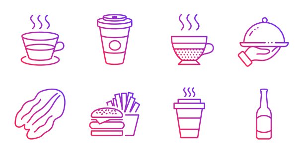 餐厅食物，外卖咖啡和外卖图标集。山核桃、汉堡和奶油咖啡的招牌。向量图片下载