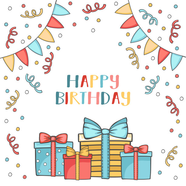 生日卡通贺卡与花环，礼盒，和五彩纸屑。丰富多彩的晚会背景图片下载