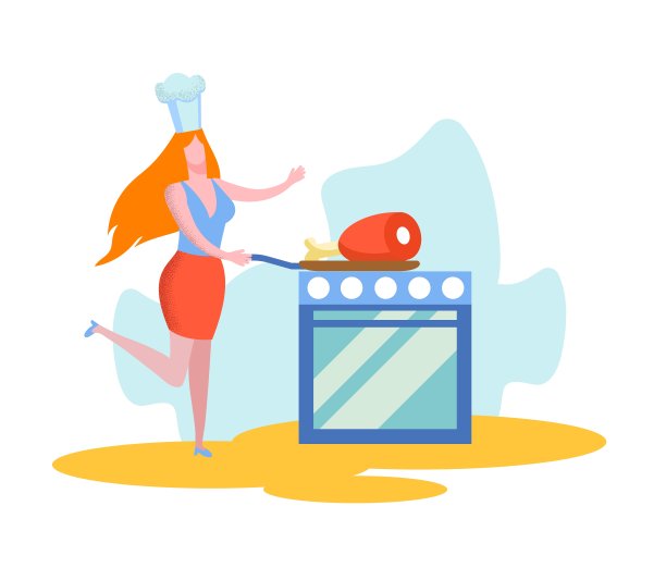 女人把盛着一大块肉的平底锅放在烤箱上图片下载