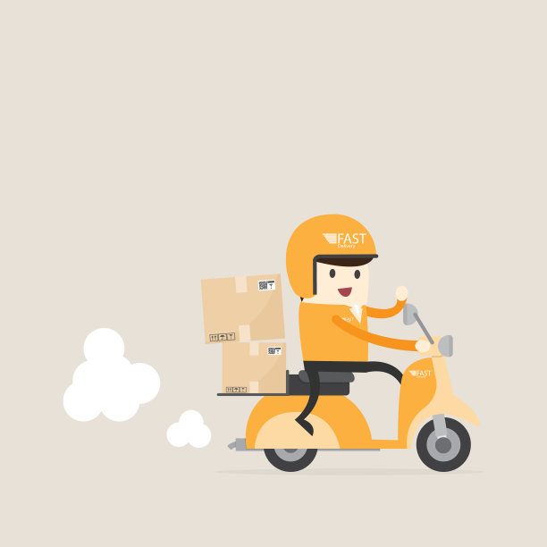 骑着滑板车的快递员。食品等运输服务，自行车快递配送。图片下载