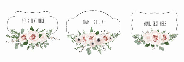 向量集。带有鲜花的复古标签。带有拷贝空间的框架边框图片下载