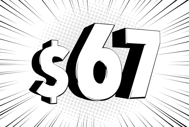 价格符号是67美元。漫画数字与美元符号在高速线泡沫图片下载