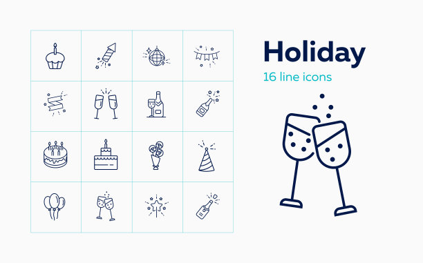 假日线路图标设置。蛋糕、饼干、香槟图片下载