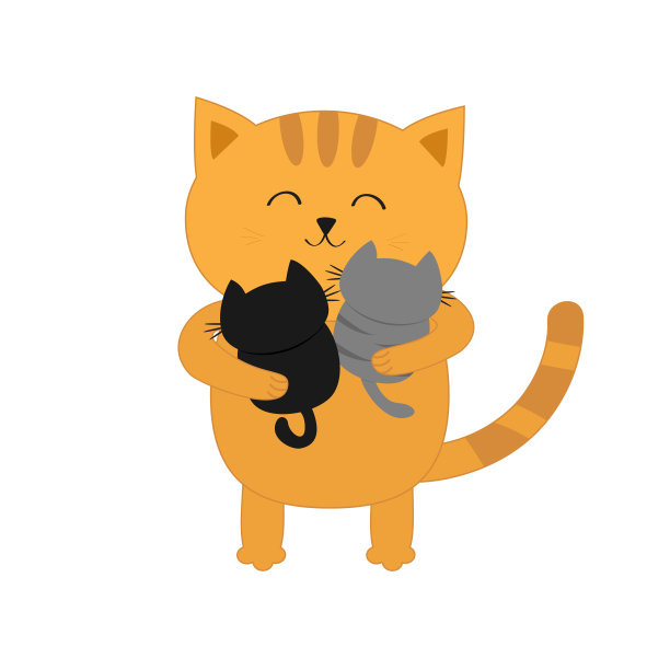 小猫抱着两只小猫宝宝。爸爸或妈妈用手抱着小猫。基蒂拥抱。有趣可爱的动物家庭。可爱的卡通宠物角色集。平面设计白色背景孤立。图片下载