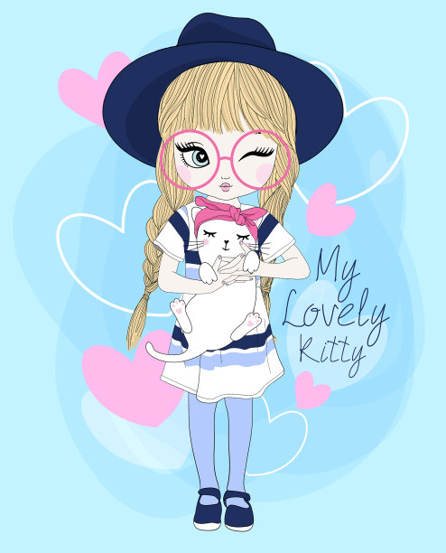 手绘可爱的女孩插图图片下载