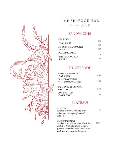 一家鱼店的海鲜菜单。菜单模板。矢量设计菜单与海洋元素:海藻，贝壳，海马，珊瑚。图片下载