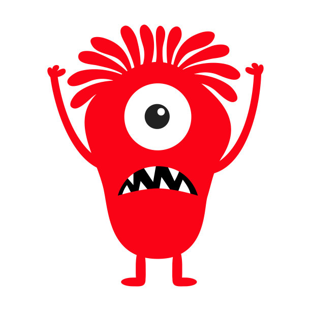 怪物红色剪影。可爱卡通卡哇伊恐怖有趣的角色。宝贝收藏。一只眼，尖牙，举起手，头发。白色背景。孤立。万圣节快乐。平面设计。图片下载