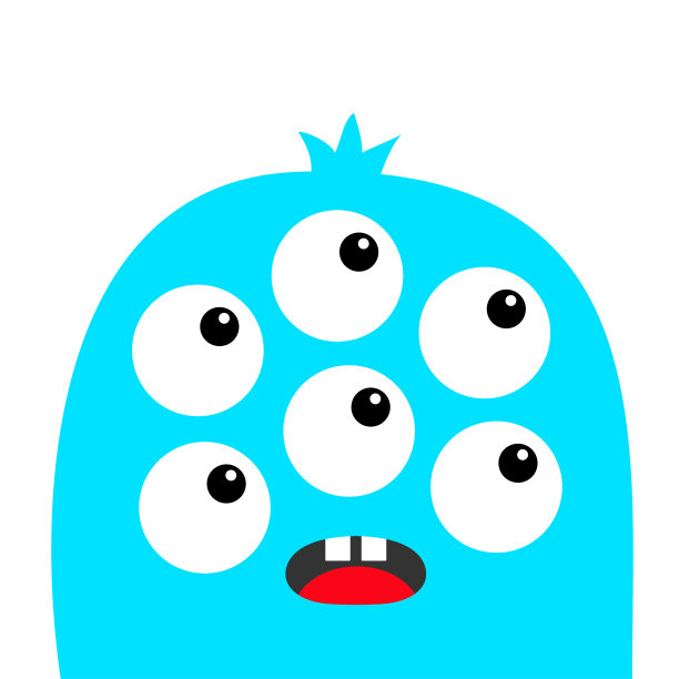 怪物头脸蓝色剪影。六只眼睛，牙齿，舌头。可爱的卡哇伊卡通滑稽人物。万圣节快乐。婴儿儿童收藏。白色背景。孤立。平面设计。图片下载