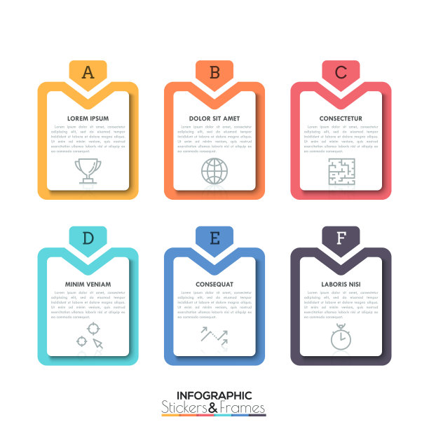 6个彩色矩形元素，里面有字母、文本框和细线图标，6个商业选项。简单的信息图表设计模板。图片下载