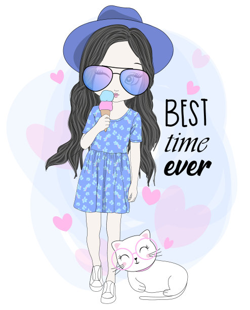 手绘可爱的女孩插图图片下载